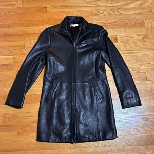 VTG Y2K Casual Corner Black Leather Coat Minimalist Zip Jacket Women’s XS Long